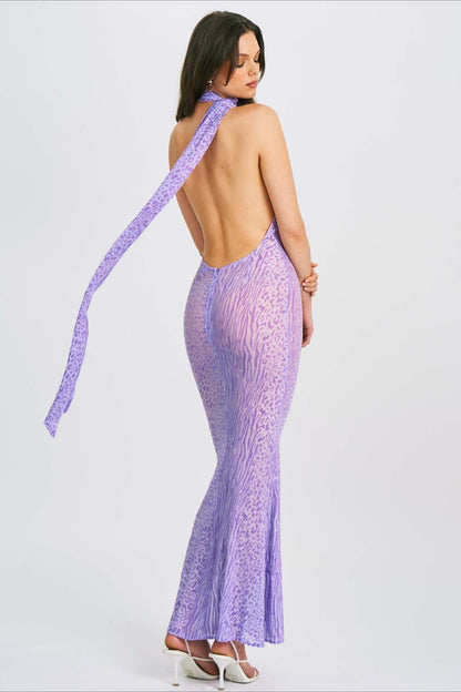 Sexy Mesh Halter Backless High Waist Bodycon Maxi Dress