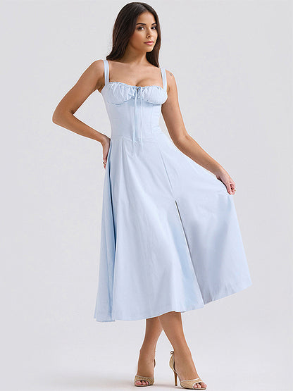Soft Pink Summer Dress Sleeveless Straps Neck Cottagecore Lace Up Midi Dress For Women