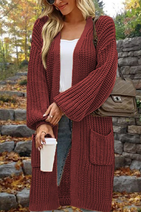 Mid-Length Loose Oversized Double Pocket Cardigan Sweater Jacket