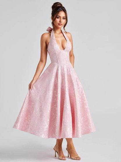 Soft Pink Floral Midi Dress Halter Summer A-line Vintage Dress For Women 2026