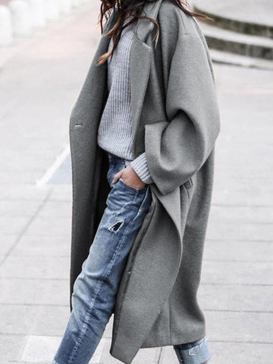Solid Woolen Lapel Neck Long Jacket