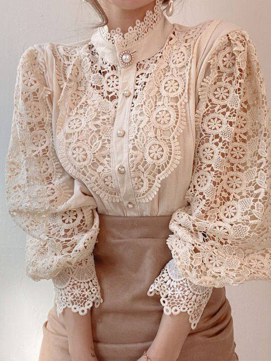 Blouse For Women Pink Lace Cut Out High Collar Casual Long Sleeves Lace Tops