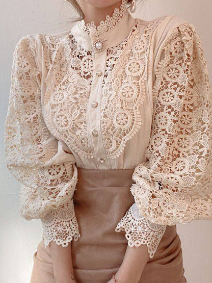 Blouse For Women Pink Lace Cut Out High Collar Casual Long Sleeves Lace Tops