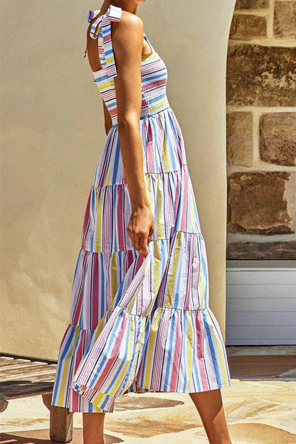 Multicolour Striped Print Smocked Lace Up Maxi Dress
