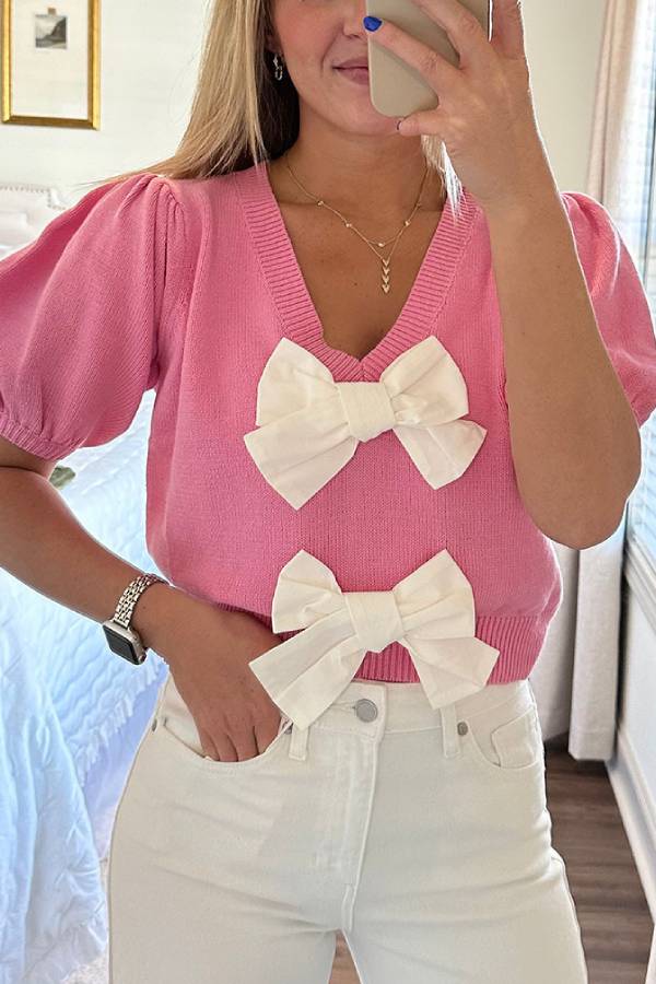 V-Neck Short-Sleeved Double Bow Solid Color Sweater