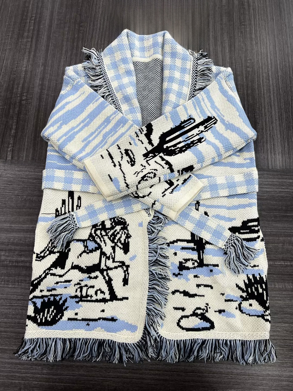 Jacquard Cardigans Tassel Trim Belted Nature Inspired Boho Sweater