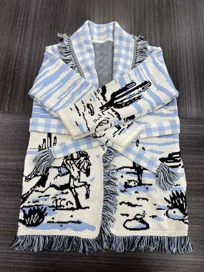 Jacquard Cardigans Tassel Trim Belted Nature Inspired Boho Sweater