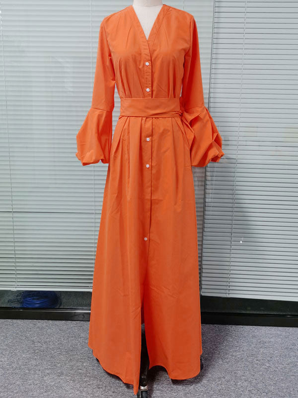 Women Orange Maxi Dresses Long Sleeves V-Neck Sash Layered Long Dress