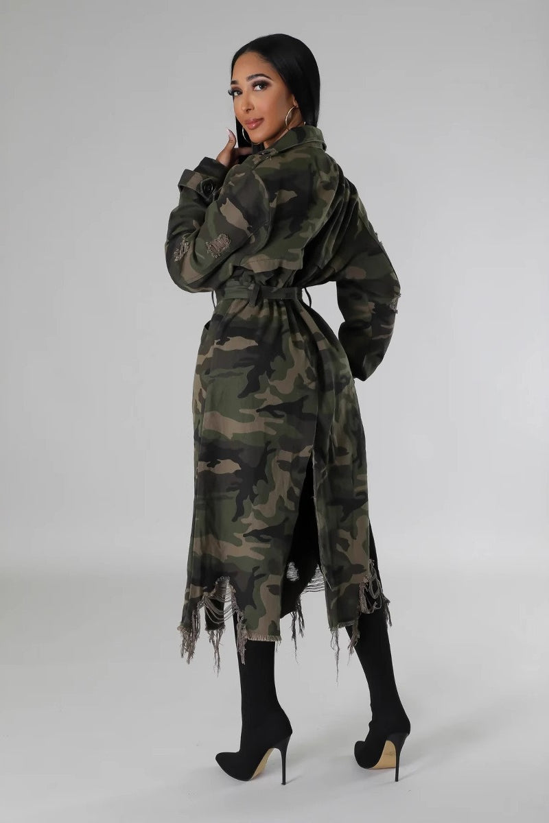 Distressed Camo Long Overcoat