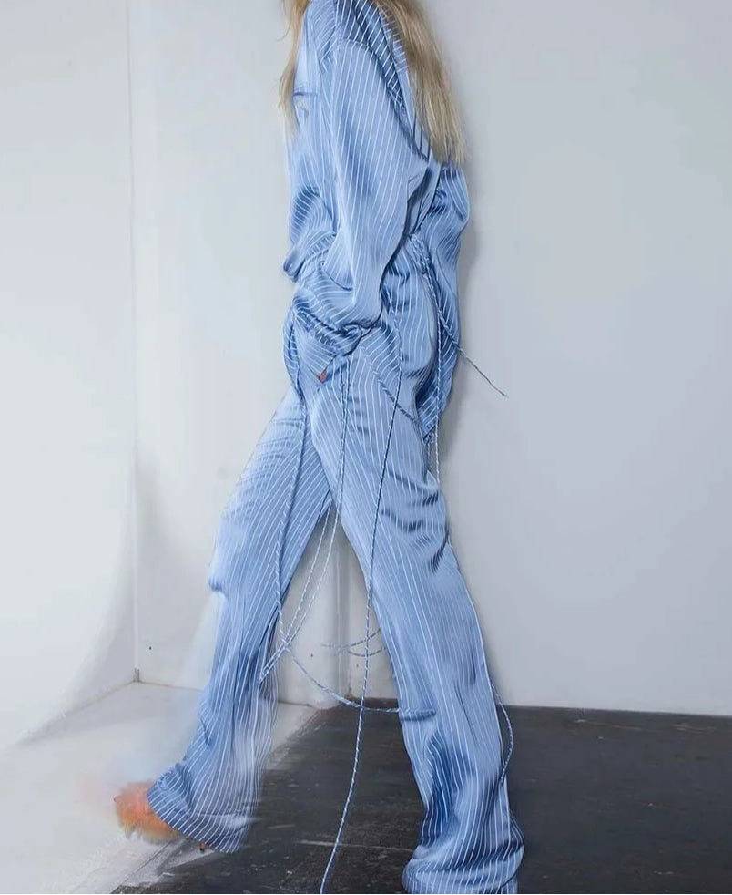 Blue Print Pockets Button Pants Office Two Piece Set