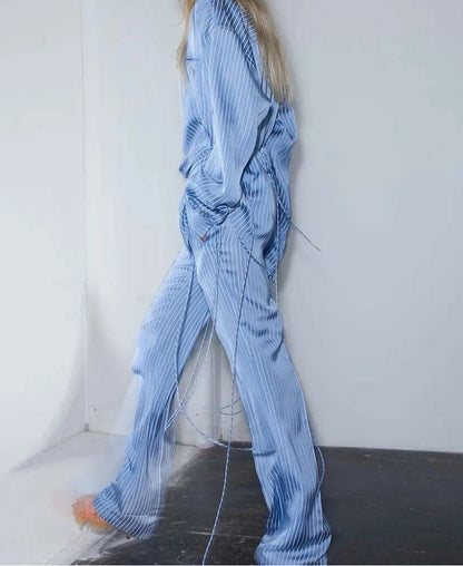 Blue Print Pockets Button Pants Office Two Piece Set