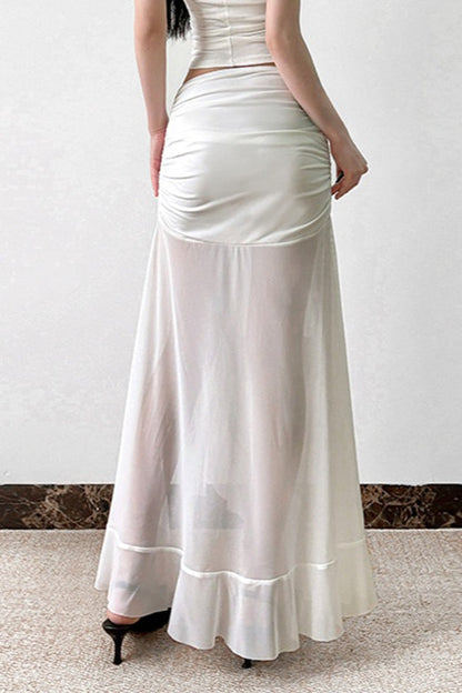 Mesh Panel Ruffle Tie Detail Maxi Skirt