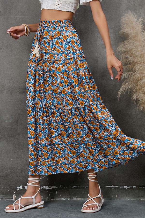 Floral fungus lace stitching layered skirt bohemian tassel seaside holiday beach skirt