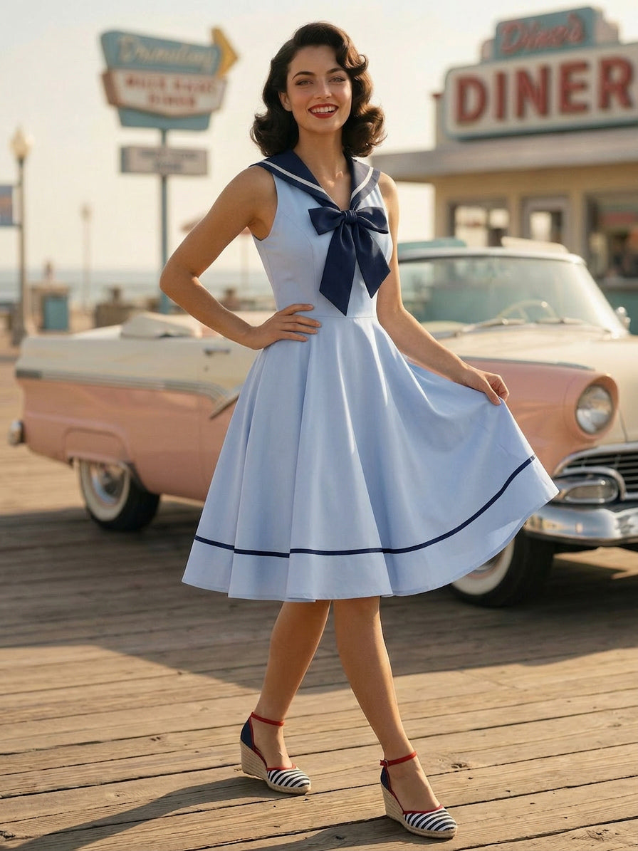 Sailor Collar Bow Knot Sleeveless Retro Swing A-Line Dress For Women 2026