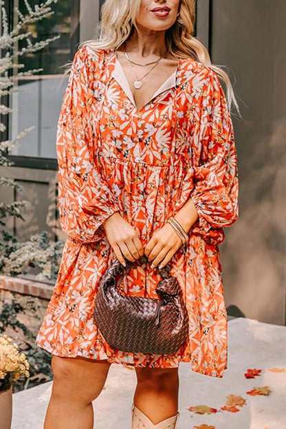 Orange Floral Print Split V Neck Bubble Sleeve Plus Size Midi Dress