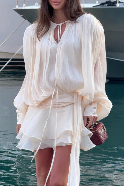 Chiffon Balloon Sleeve Tie Neck Layered Ruffle Tier Mini Dress
