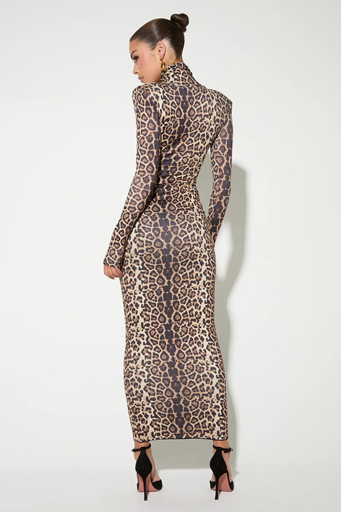 Elegant Leopard Mock Neck Bodycon Maxi Dress