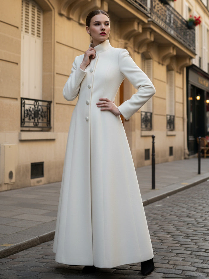 White Woolen Full-Length Coat With Stand Collar And A-Line Silhouette For Women 2026