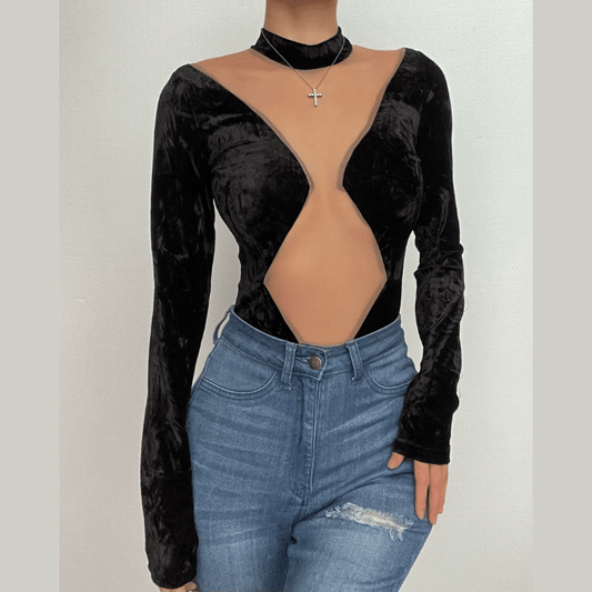 Long sleeve velvet high neck mesh patchwork button bodysuit-final-sale