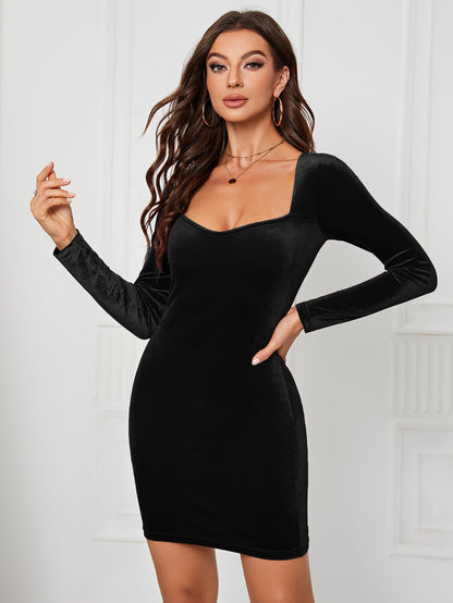 Velvet Dress Sweetheart Neck Long Sleeves Sexy Mini Bodycon Dresses