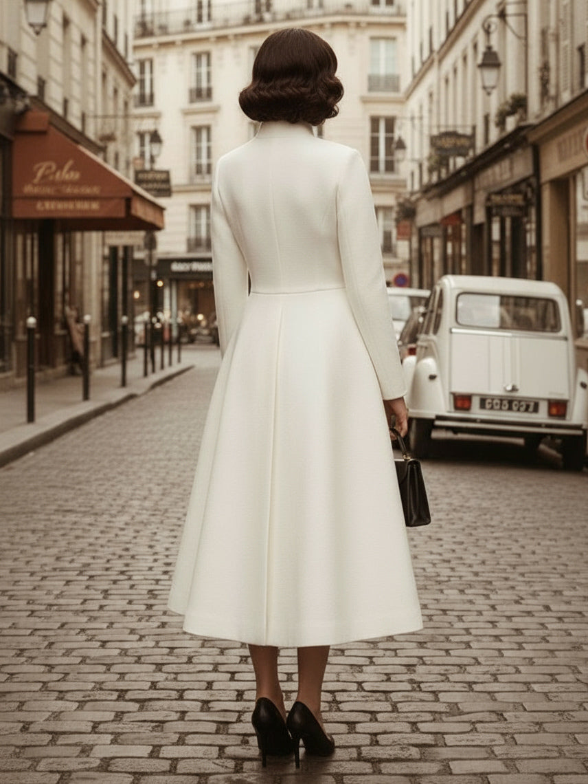 Vintage Stand-Collar A-line Woolen Flared Coat In White For Women 2026