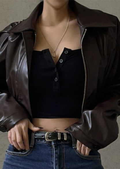 Retro Chic Zippered PU Leather Jacket – American Casual Style