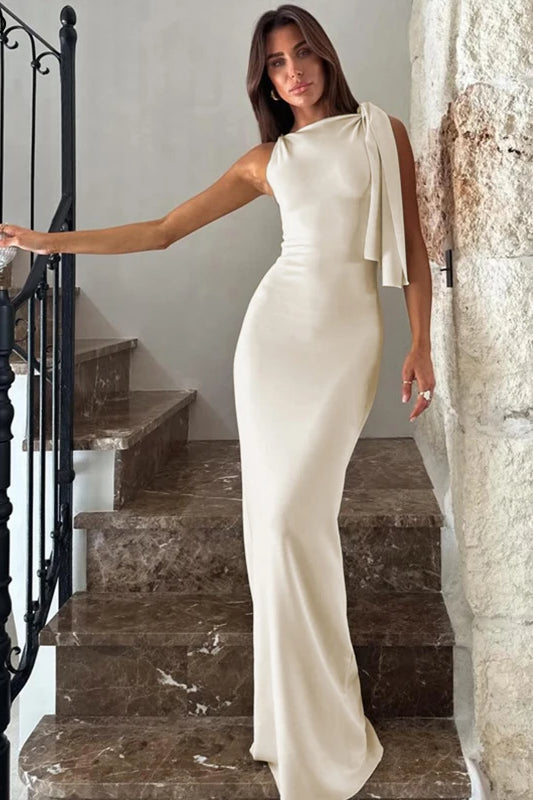 Boat Neck One-Shoulder Draped Sash Column Maxi Dress