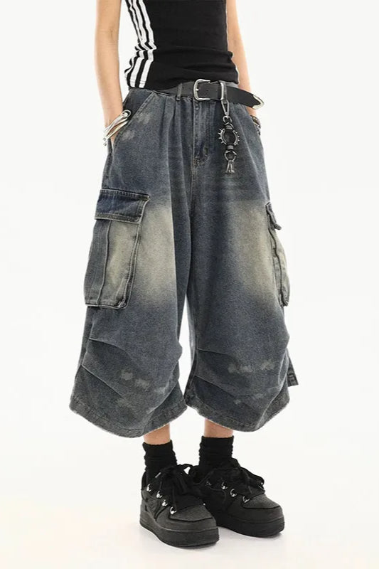 Vintage Washed Workwear Cropped Jeans
