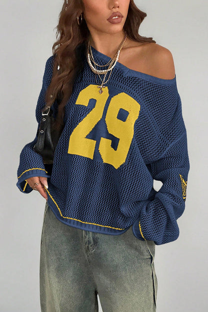 V-Neck Long Sleeve Digital Print Knit Sweater