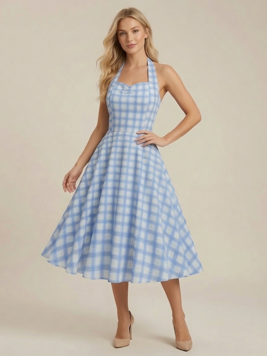 Chic Fitted Blue Plaid Gown With A Line Skirt Perfect For Summer Parties