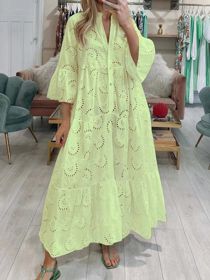Lace Cutout V-neck Buttons  Flare Sleeve Maxi Dresses