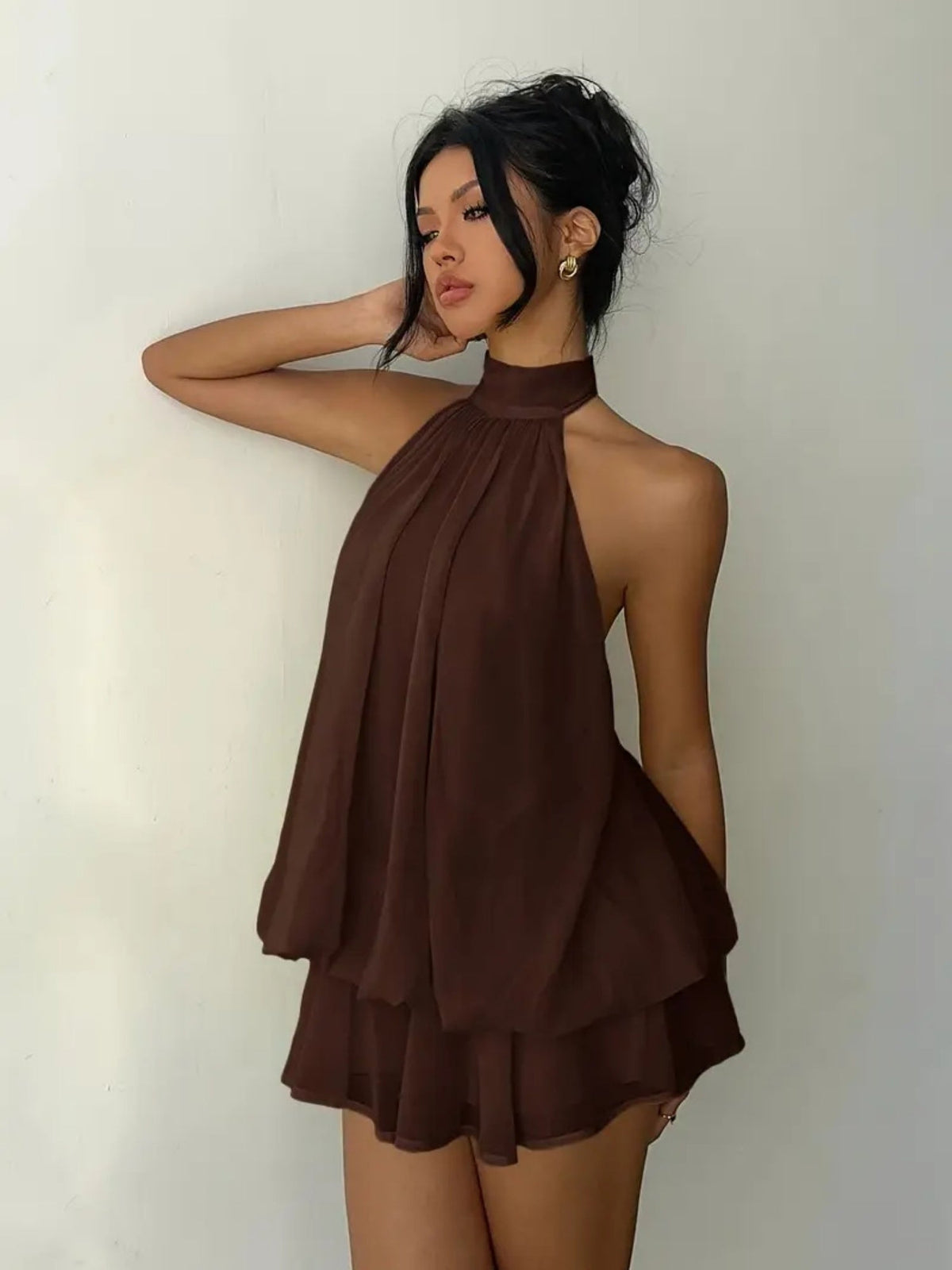 Chiffon Ruffle Halter Neck And Backless Mini&Short Dresses