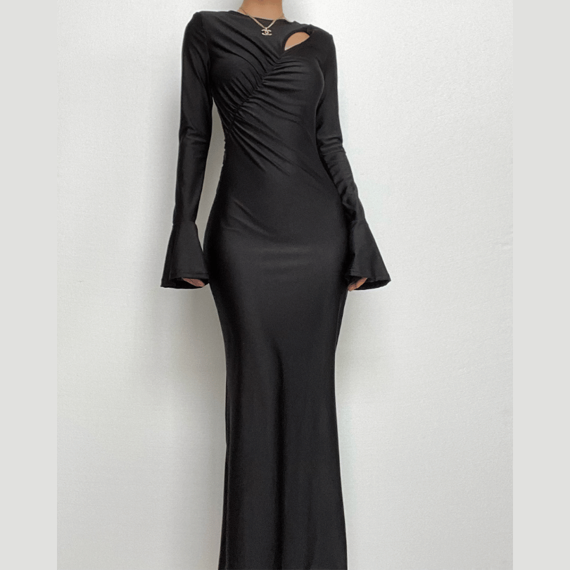 Ruched solid hollow out irregular long sleeve cut out maxi dress