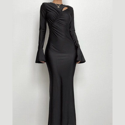 Ruched solid hollow out irregular long sleeve cut out maxi dress