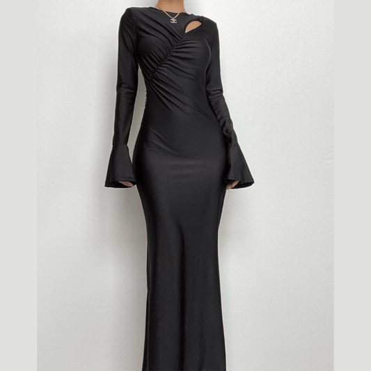 Ruched solid hollow out irregular long sleeve cut out maxi dress