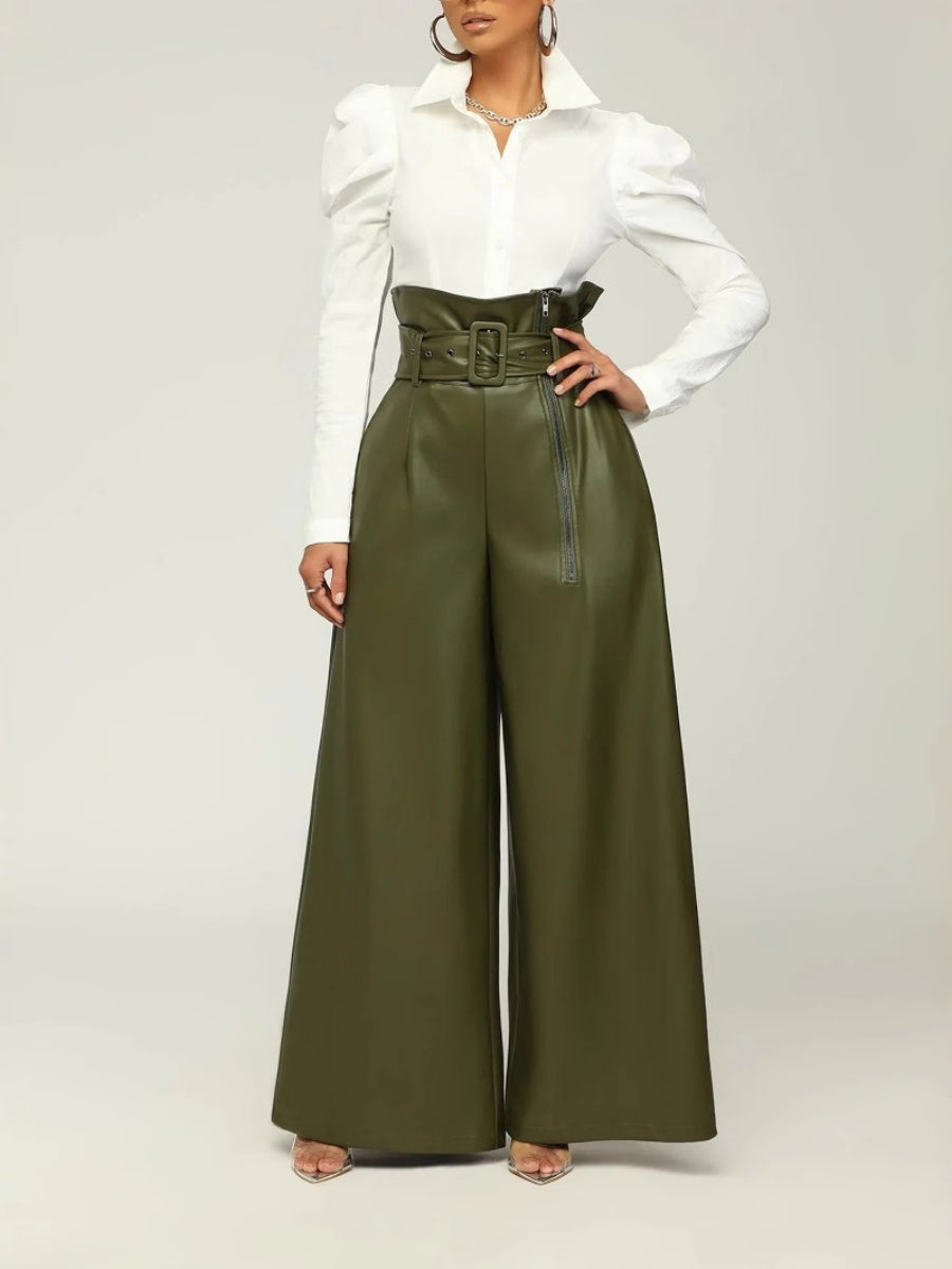 High Waist PU Leather Metal Belt Wide-leg Trousers