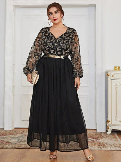 V-neck Black Splicing Formal Dress Banquet Maxi Dresses
