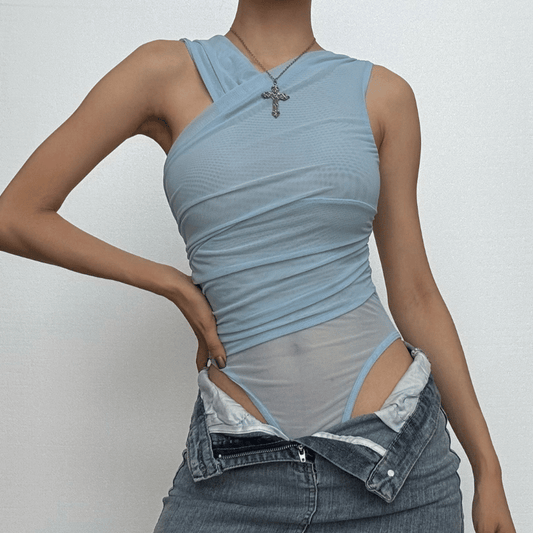 One shoulder ruched sheer mesh bodysuit