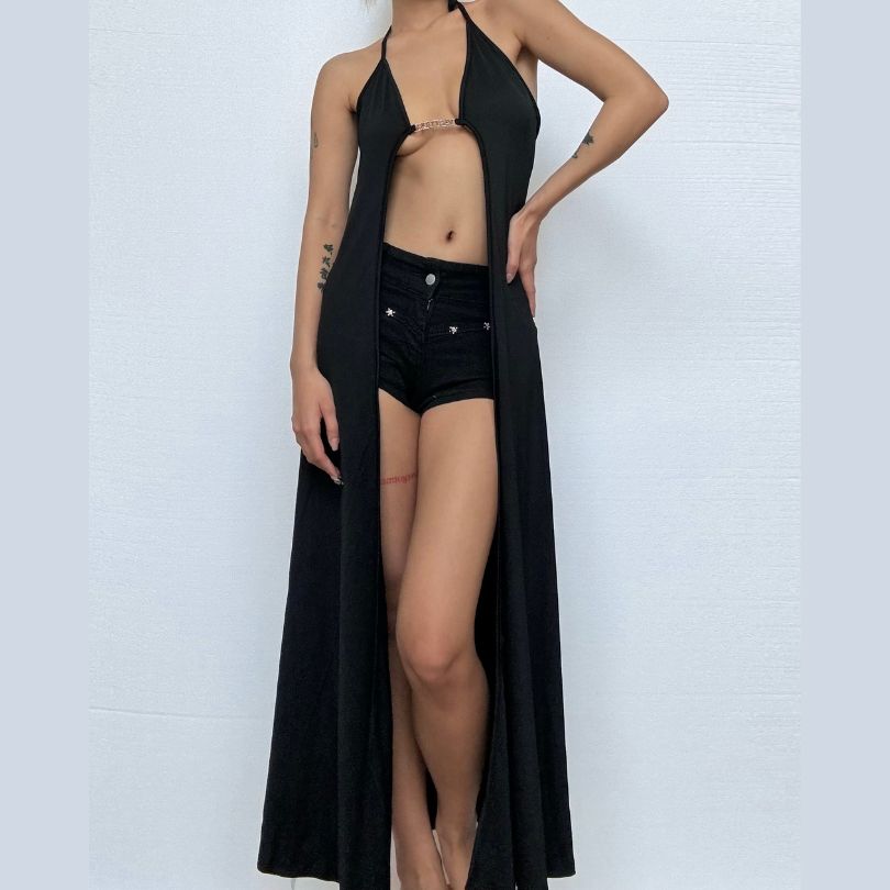 Halter metal tag self tie maxi dress