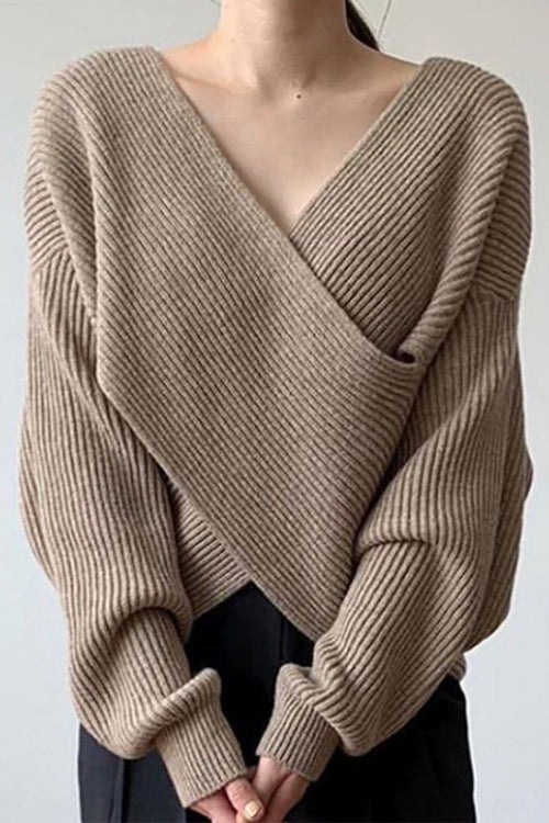 V Neck Criss Cross Front Ribbed Knit Sweater