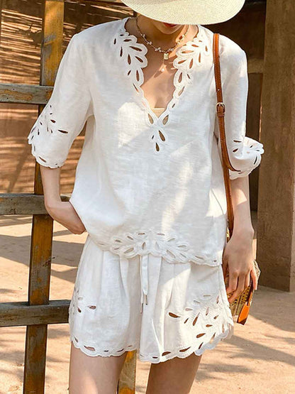 Amelia Vacation V-Neck Flare Sleeve Embroidered Top