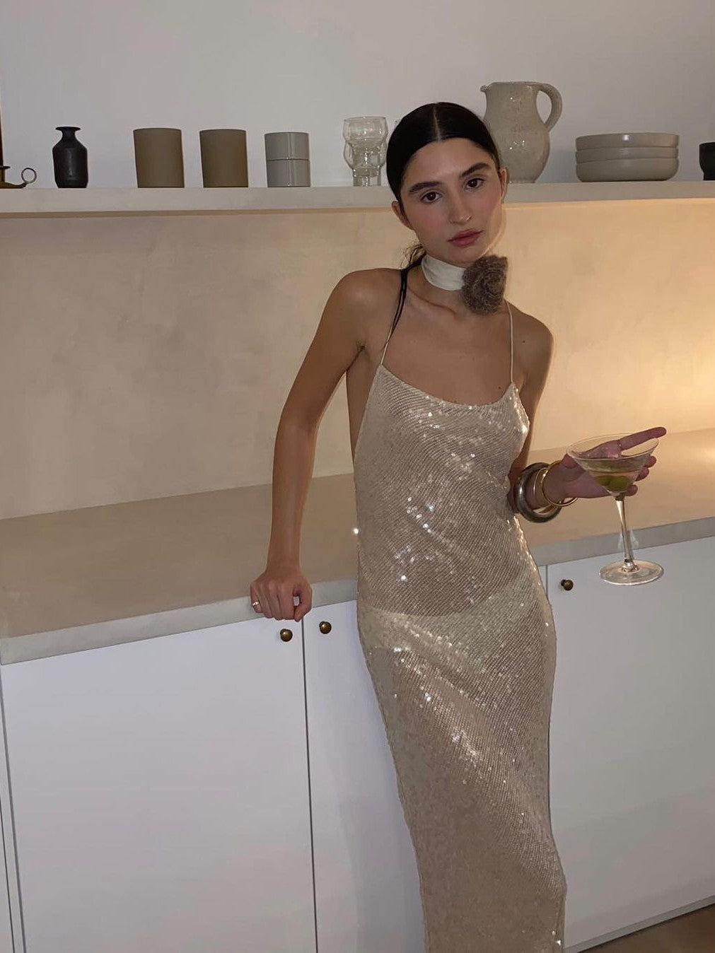 Spaghetti Strap Backless Slip Glitter Maxi Dress