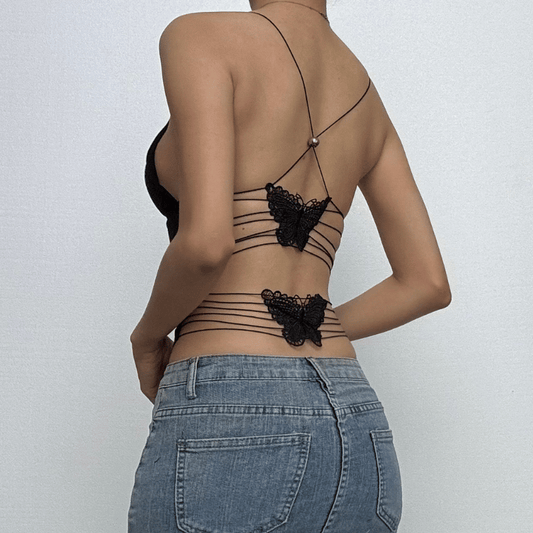 Sheer mesh butterfly applique see through backless solid top