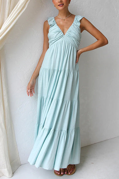 Plunging V-Neck Ruffle Strap Tiered Empire Waist Maxi Dress