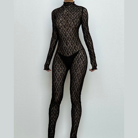 Long sleeve lace high neck zip-up see through jumpsuit