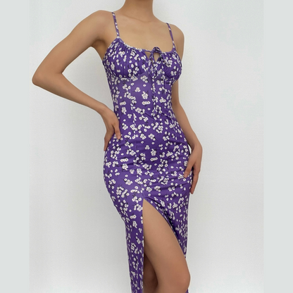 High slit floral heart neck ruched dress