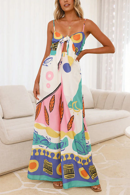 Knot Front Cut Out Pocketed Wide Leg Printed Cami Jumpsuit