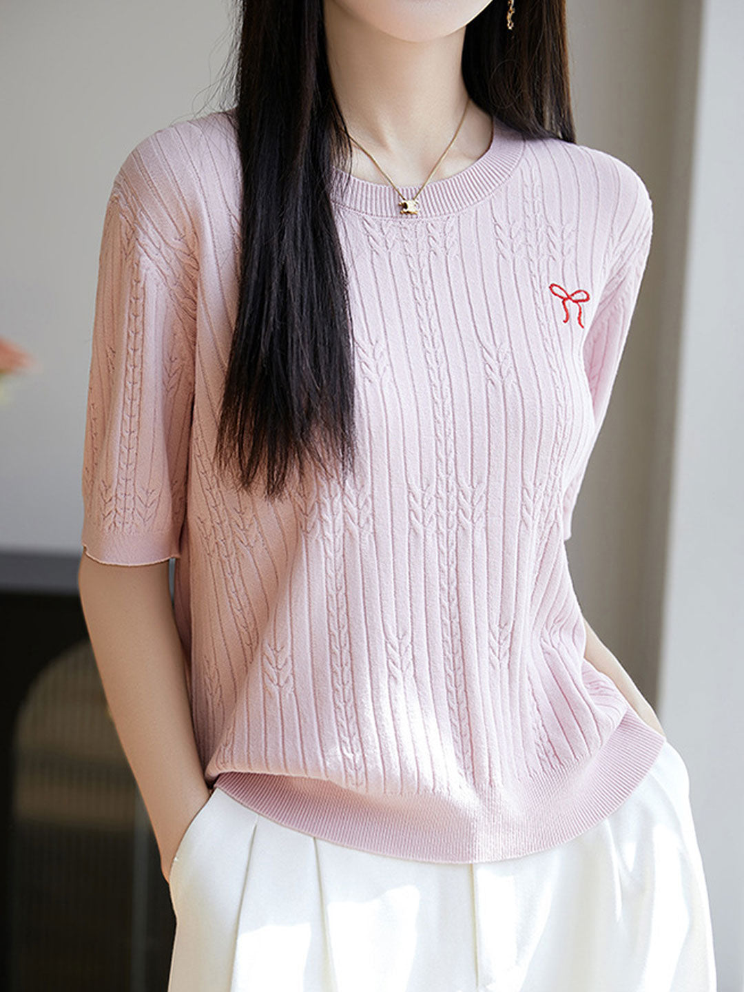 Bella Loose Crew Neck Embroidered Knitted Top