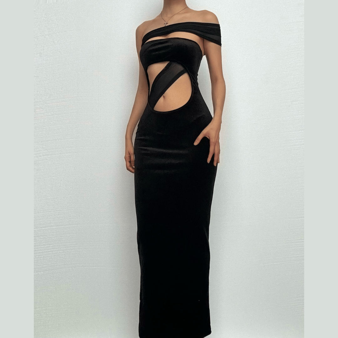One shoulder irregular hollow out velvet mesh cut out maxi dress