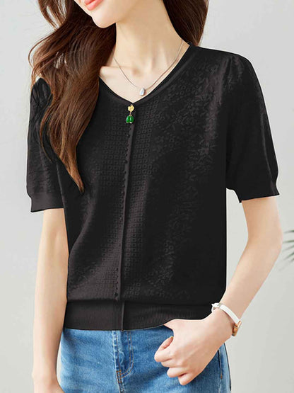 Gianna Casual V-Neck Puff Sleeve Embroidered Knitted Top